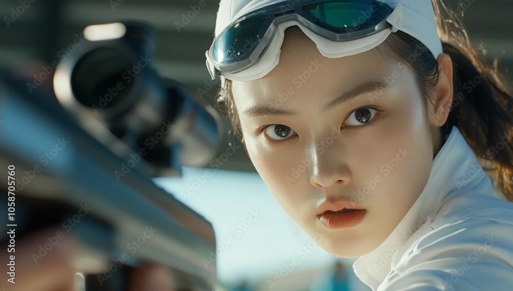 Close-up portrait of a focused female athlete with a rifle, looking intensely at the camera. Close-up portrait of a focused female athlete with a rifle, looking intensely at the camera.