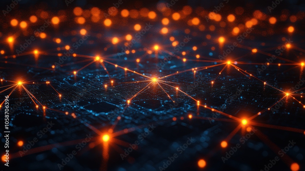 Abstract digital network with glowing nodes and connections. Abstract digital network with glowing nodes and connections.