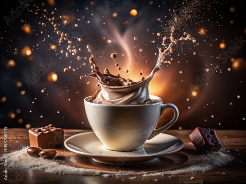 Night Photography of Hot Chocolate and Milk Splash in a Spiral Shape, Capturing the Rich Colors and Dynamic Movement of a Delicious Beverage in a Dark Setting