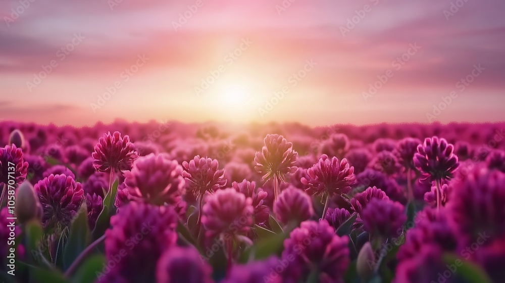 Fototapeta premium Softly lit red clover meadow in a light box, evoking a serene countryside atmosphere, [clover field], [calming, natural