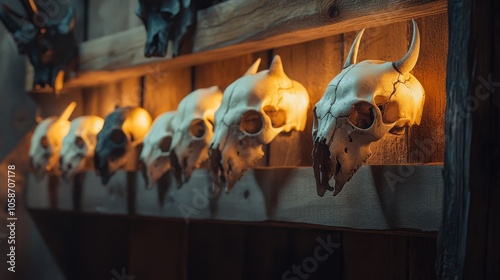 Rustic, eerie atmosphere with animal skulls on wooden shelf, illuminated by light box, natural and unsettling vibe. photo