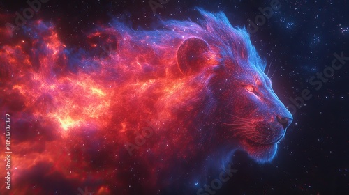 vibrant digital lion made from glowing lines, stars surrounding it in deep space setting