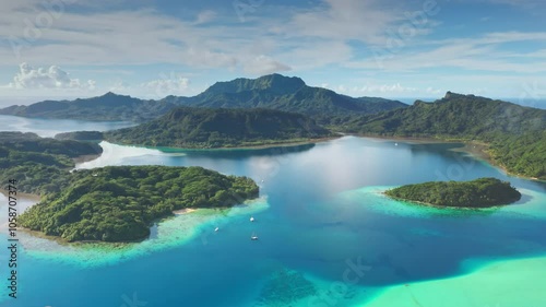 Wallpaper Mural Turquoise water lagoon and green islands with sailboats yachts anchoring near motu in French Polynesia. Remote wild nature tropical paradise, exotic summer luxury travel. Drone aerial panorama shot Torontodigital.ca