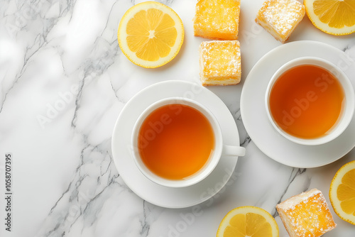 Lemon Tea and Lemon Bars Photo on Marble