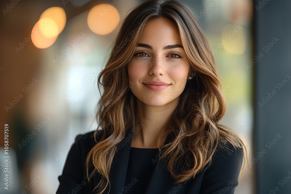 Confident Businesswoman Portrait with Blurry Background and Warm Lighting