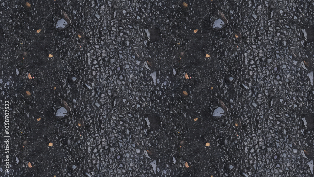 A close-up, top-down view of wet asphalt after a rain shower, filling the entire frame