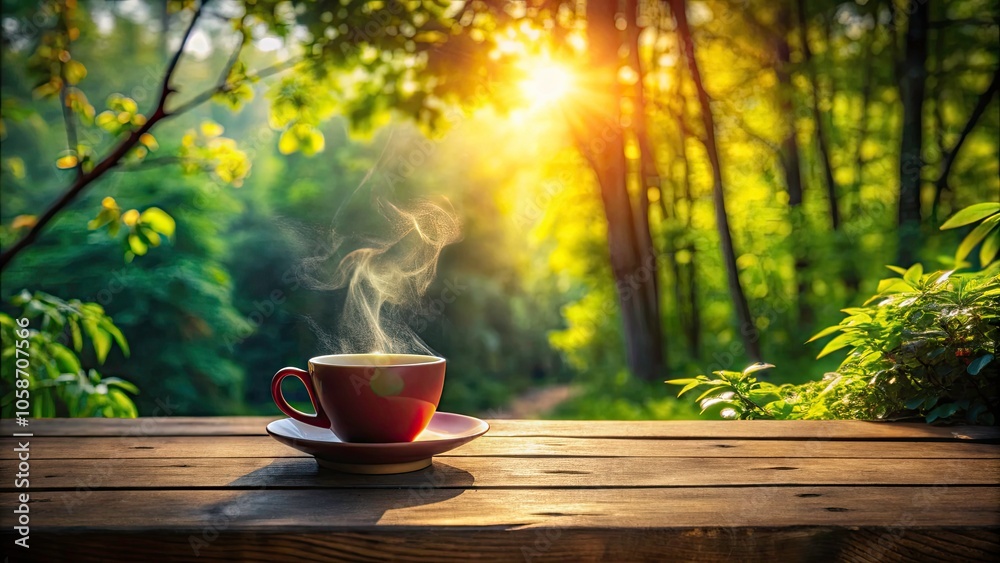 Steaming Coffee Cup in Sunlit Morning with Nature Background | Cozy Mornings, Fresh Brew, Nature's Serenity