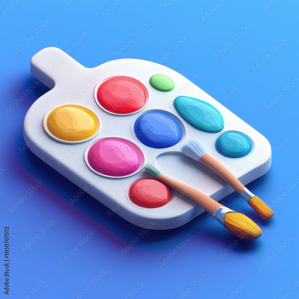 Fototapeta premium Creative Palette: Vibrant Colors and Brushes on Blue Background