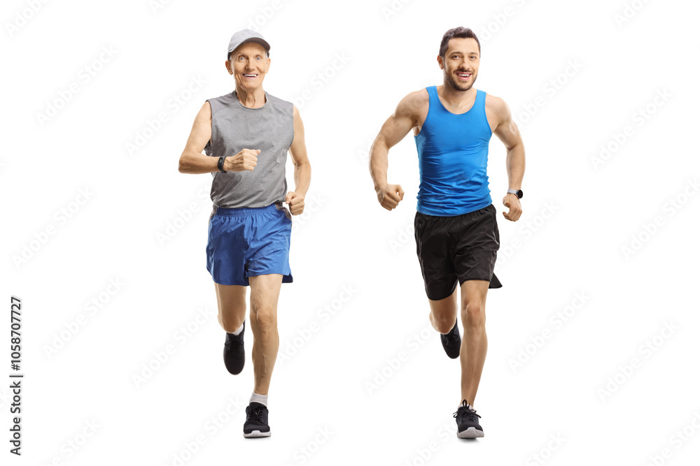 Elderly and young man jogging together Elderly and young man jogging together
