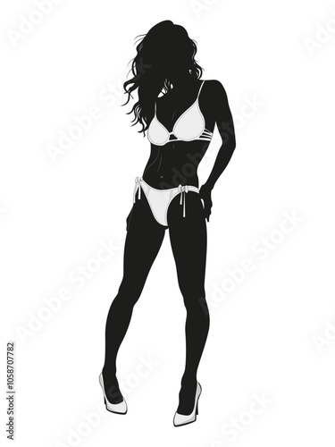 A chic black silhouette of a confident woman in a stylish bikini, elegantly showcasing her confidence and beauty