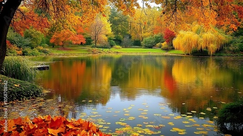 Autumn foliage reflects in the calm waters of a serene lake park , autumn, lake, park, reflection, foliage, peaceful, tranquility.