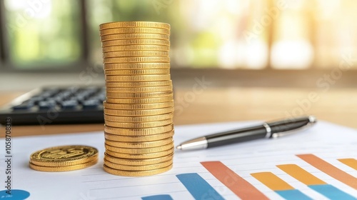 A close-up of a stack of gold coins placed on a financial report, symbolizing wealth accumulation and investment strategies.