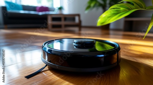 A black robotic vacuum cleaner on a wooden floor in a living room.