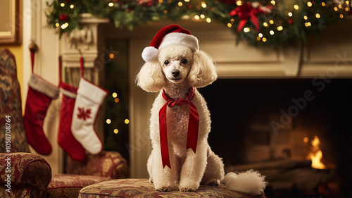 サンタ帽子のプードルとクリスマスリボン