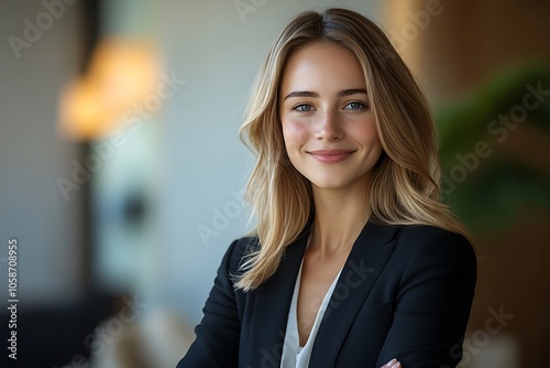 Confident Businesswoman with Blonde Hair in Black Blazer