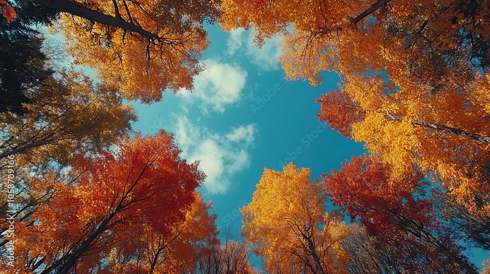 view of the sky from below, looking through tall trees with autumn leaves in various colors, forming wide forest canopy view of the sky from below, looking through tall trees with autumn leaves in various colors, forming wide forest canopy
