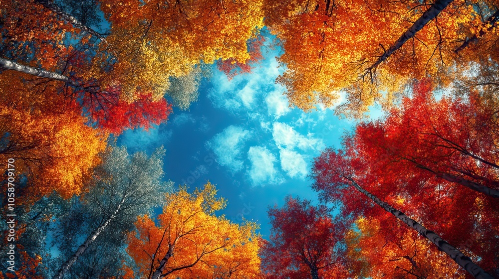 view of the sky from below, looking through tall trees with autumn leaves in various colors, forming wide forest canopy view of the sky from below, looking through tall trees with autumn leaves in various colors, forming wide forest canopy