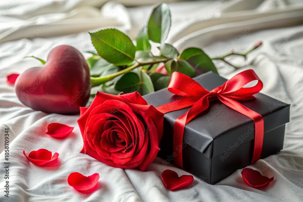 Romantic Setup with Red Roses, Heart-Shaped Rose Petals, Gift Box with Red Ribbon, and Black Gift Bag on a White Bedspread for Love and Affection Romantic Setup with Red Roses, Heart-Shaped Rose Petals, Gift Box with Red Ribbon, and Black Gift Bag on a White Bedspread for Love and Affection