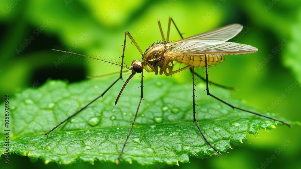A close-up of a mosquito perched on a green leaf with water droplets. A close-up of a mosquito perched on a green leaf with water droplets.