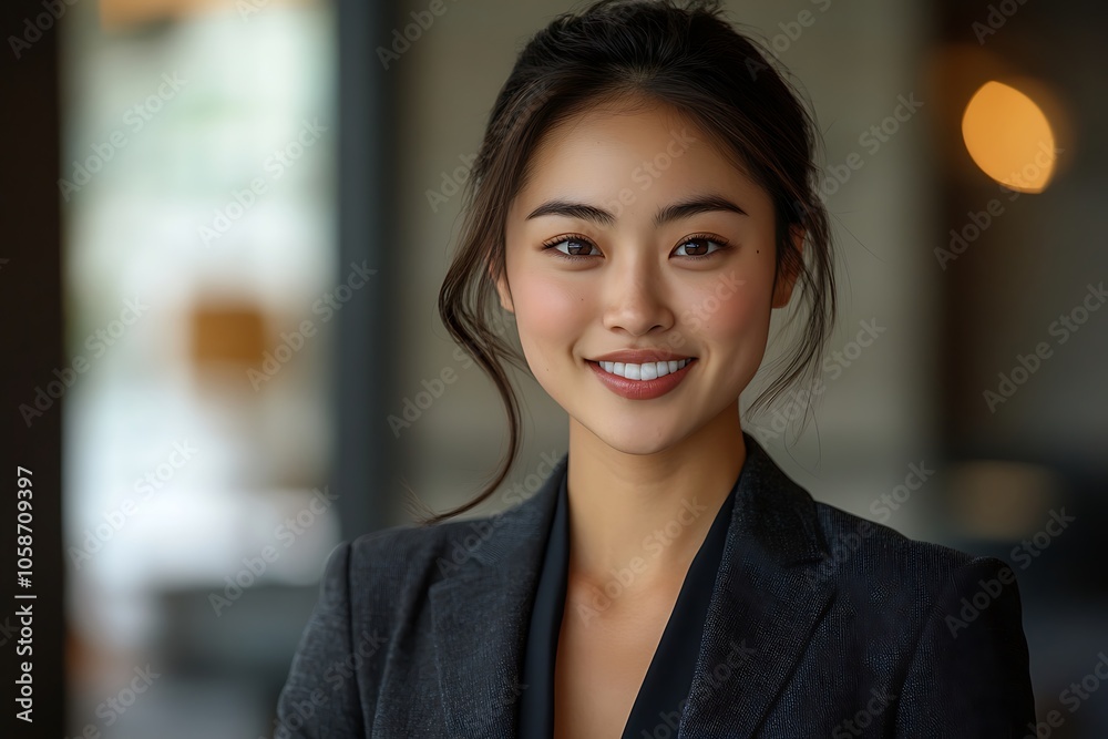 Confident Businesswoman with Bright Eyes and Smiling Portrait in Office Setting. Confident Businesswoman with Bright Eyes and Smiling Portrait in Office Setting.