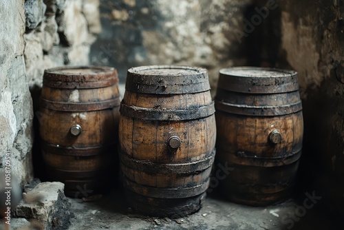 Old French Oak Barrels in an Underground Cellar for Aging Fine Wines and Spirits