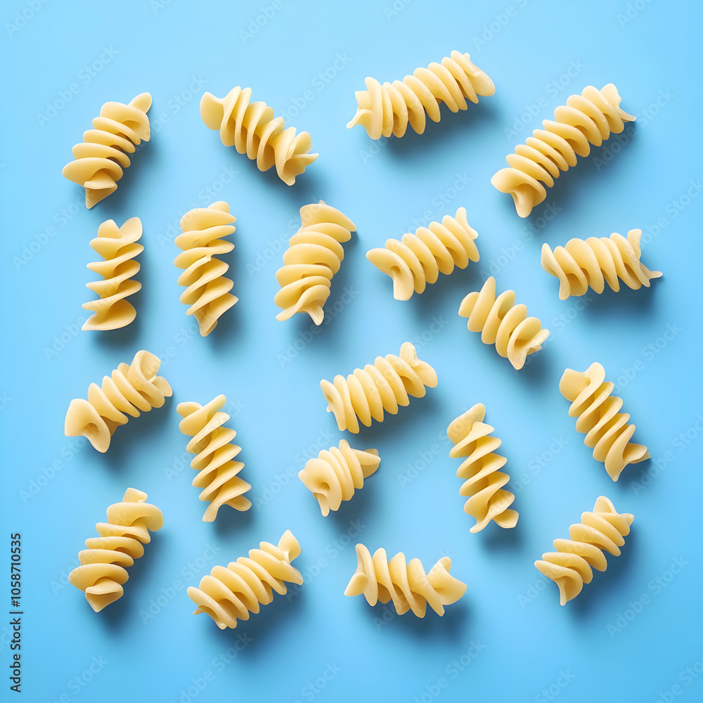 Spiral Pasta Photo on Blue Background Spiral Pasta Photo on Blue Background