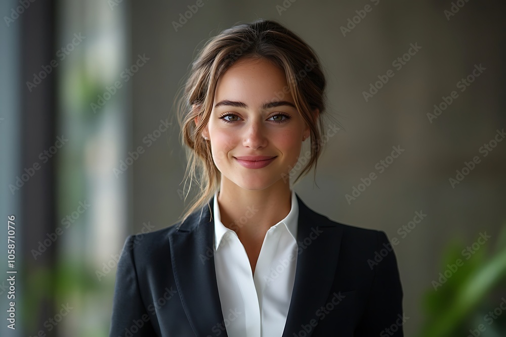 Confident Businesswoman with Brown Hair Smiling in Office Suit Confident Businesswoman with Brown Hair Smiling in Office Suit