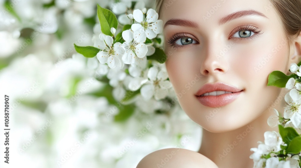 A woman with a beautiful face is surrounded by white flowers A woman with a beautiful face is surrounded by white flowers