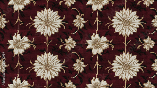 A close-up, top-down view of a hotel carpet in a rich burgundy color, featuring a classic floral pattern with gold accents