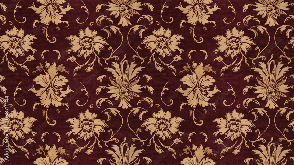 A close-up, top-down view of a hotel carpet in a rich burgundy color, featuring a classic floral pattern with gold accents A close-up, top-down view of a hotel carpet in a rich burgundy color, featuring a classic floral pattern with gold accents