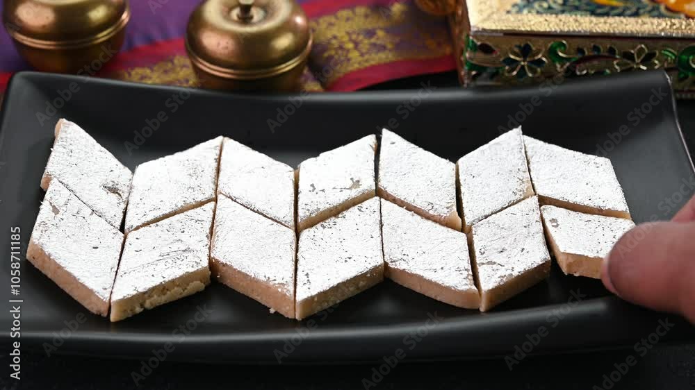 Serving Kaju Katli sweet dish in a plate. Serving Kaju Katli sweet dish in a plate.