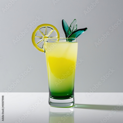 Elegant Glass Sculpture of Nimbu Pani (Indian Lemonade) with Lemon Slice and Mint on Gray Background, Showcasing Artistry, generative ai photo