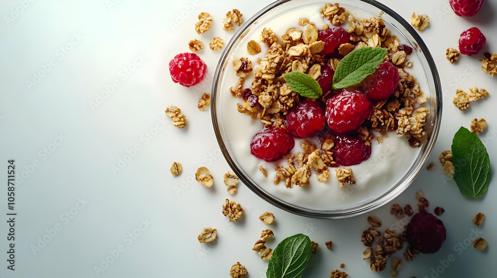 Yogurt Granola Raspberry Mint Healthy Breakfast Photo Yogurt Granola Raspberry Mint Healthy Breakfast Photo