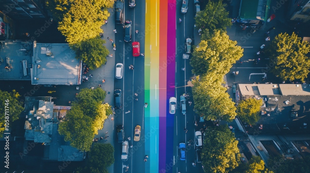 Aerial view of a street with a rainbow crosswalk and people walking and driving. Aerial view of a street with a rainbow crosswalk and people walking and driving.