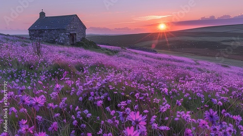 Fototapeta Naklejka Na Ścianę i Meble -  A serene landscape featuring a stone cottage amidst vibrant purple flowers at sunset.