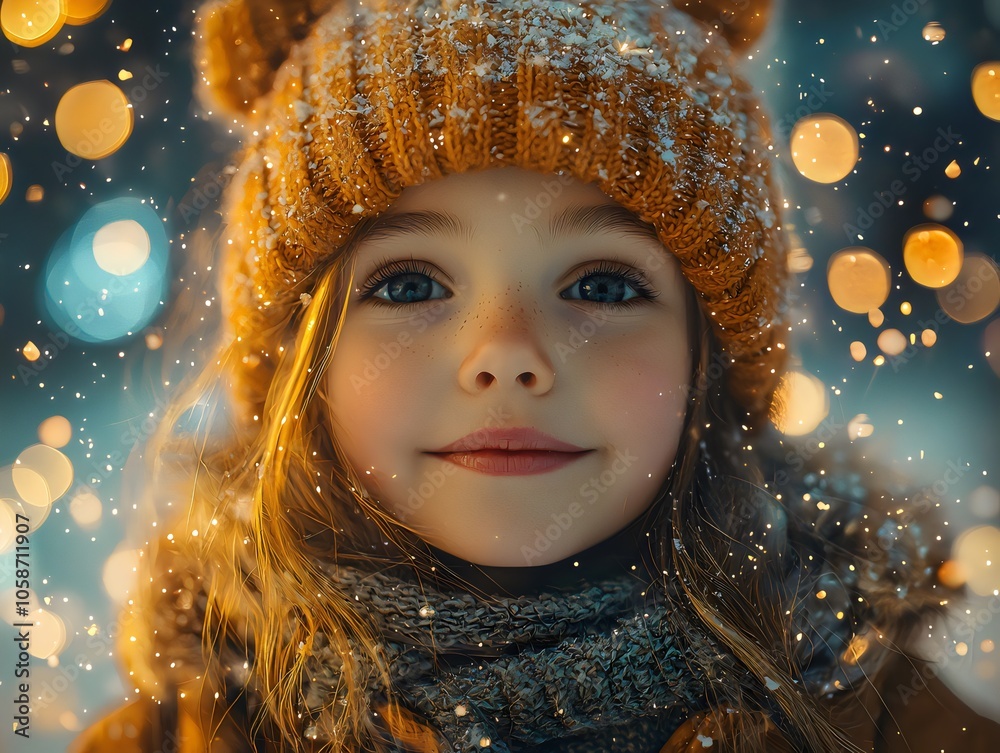 Portrait of a cheerful girl in a cozy winter outfit with a brown beanie and scarf during a nighttime city stroll with bokeh lights creating a festive and vibrant background. Portrait of a cheerful girl in a cozy winter outfit with a brown beanie and scarf during a nighttime city stroll with bokeh lights creating a festive and vibrant background.