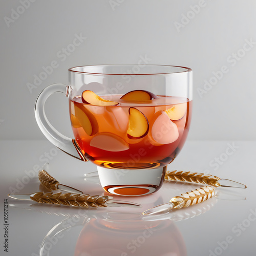 Elegant Glass Sculpture of Mote con Huesillo Drink in Peach and Amber Tones, Artistic Glasswork on Gray Background, generative ai photo