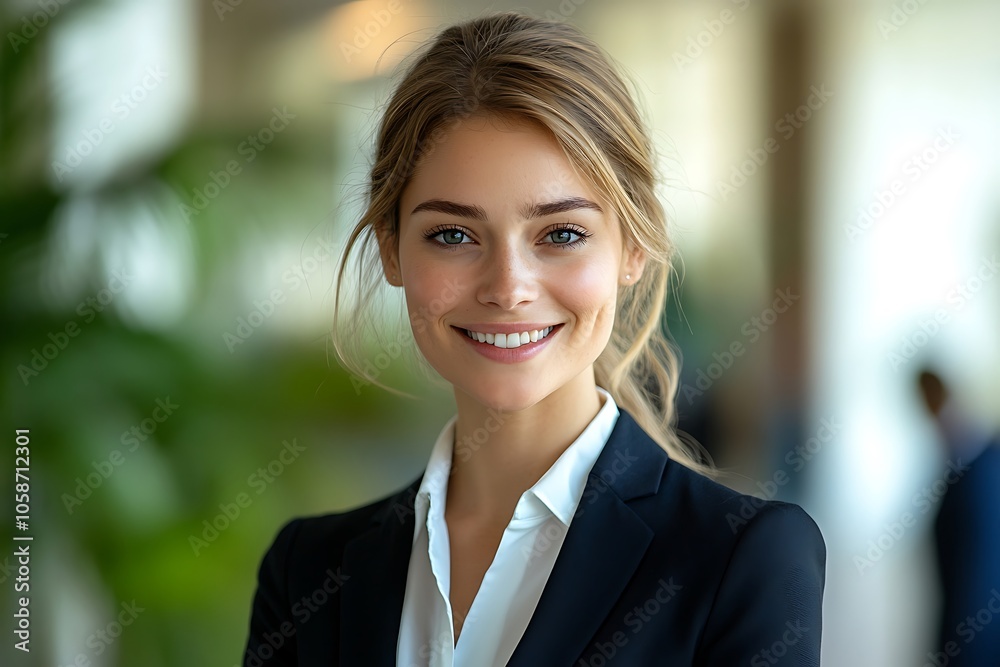 Confident Businesswoman with Freckles in a Black Suit Smiling in an Office Setting Confident Businesswoman with Freckles in a Black Suit Smiling in an Office Setting