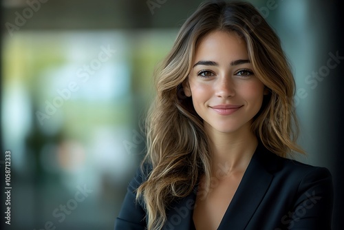 Confident Businesswoman with Freckles in Black Blazer Looking at Camera