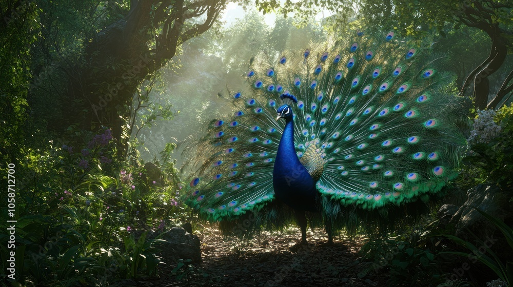 Obraz premium A majestic peacock with its tail feathers spread wide, standing in a lush, green forest with sunlight streaming through the trees.