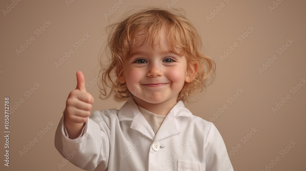 A young child wearing a white lab coat is giving a thumbs up A young child wearing a white lab coat is giving a thumbs up