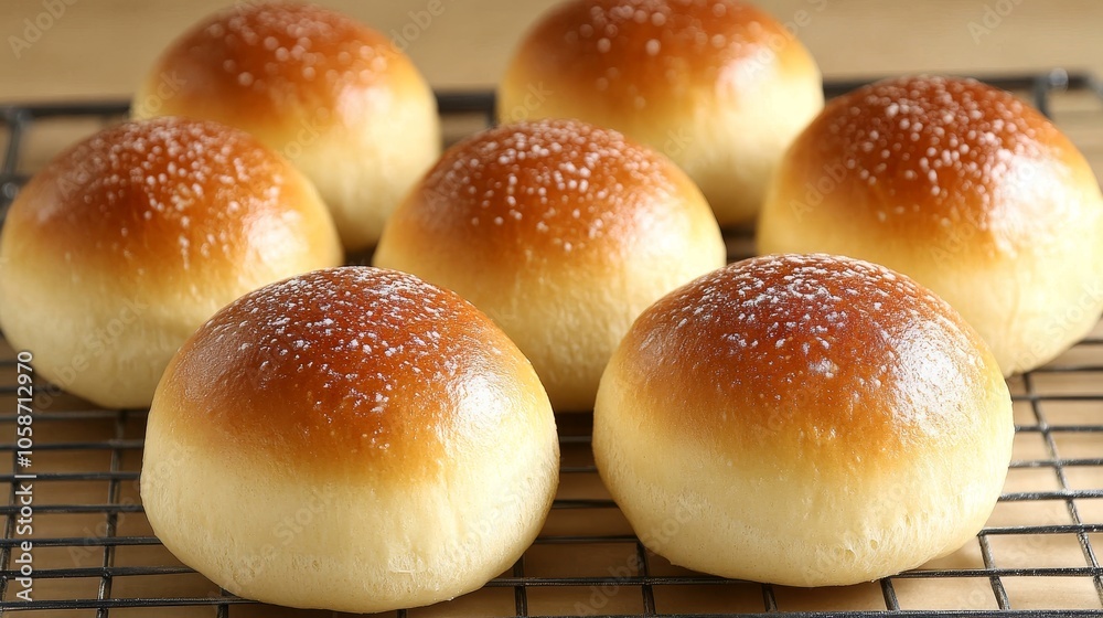 Freshly Baked, Golden Brown Bread Rolls Cooling on a Wire Rack, Delicious Homemade Bakery Freshly Baked, Golden Brown Bread Rolls Cooling on a Wire Rack, Delicious Homemade Bakery