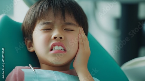 A young boy is sitting in a dentist chair with a toothbrush in his mouth