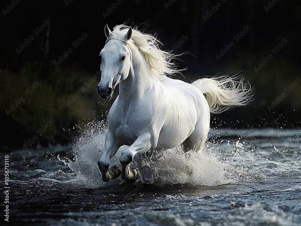 A white horse running through a body of water A white horse running through a body of water