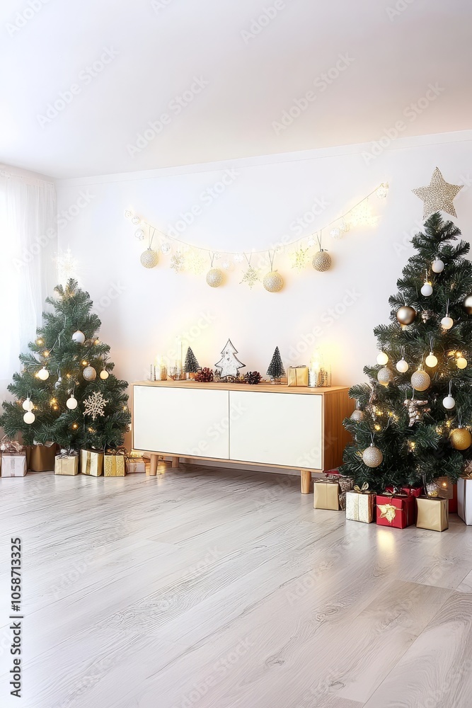 Festive christmas backdrop with holiday decor on white wooden surface and ample copy space Festive christmas backdrop with holiday decor on white wooden surface and ample copy space