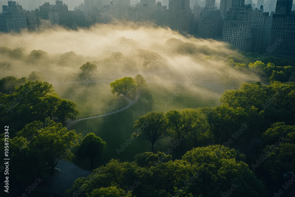 Fog envelops Central Park at dawn, revealing tranquil greenery Fog envelops Central Park at dawn, revealing tranquil greenery