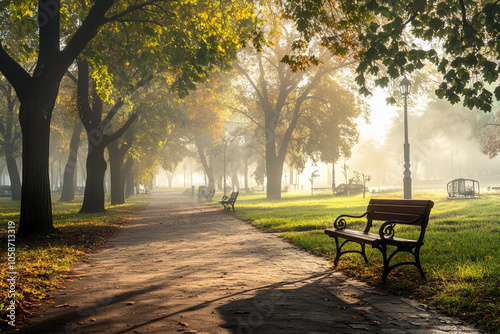 Morning fog in a serene park with benches and trees