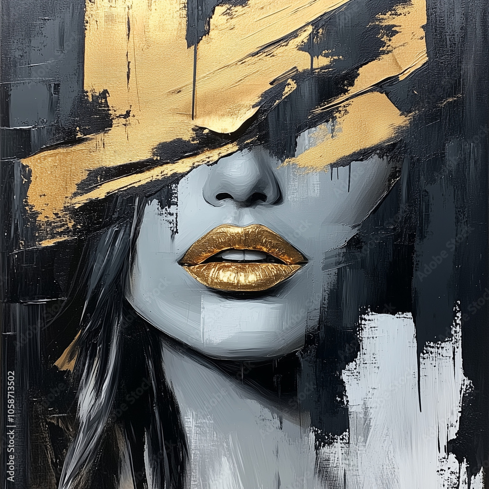 Abstract portrait with gold lips and flowing lines.