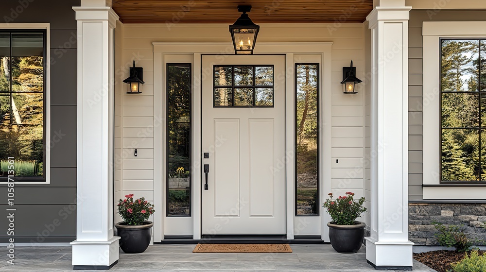 Fototapeta premium white front door with decorative windows and flower pots, creating welcoming scene