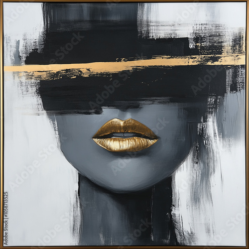 Abstract portrait with gold lips and flowing lines.